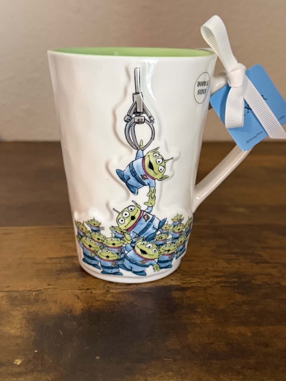 Rae Dunn Alien Claw Double-sided Ceramic Mug - Green Interior with Blue Aliens